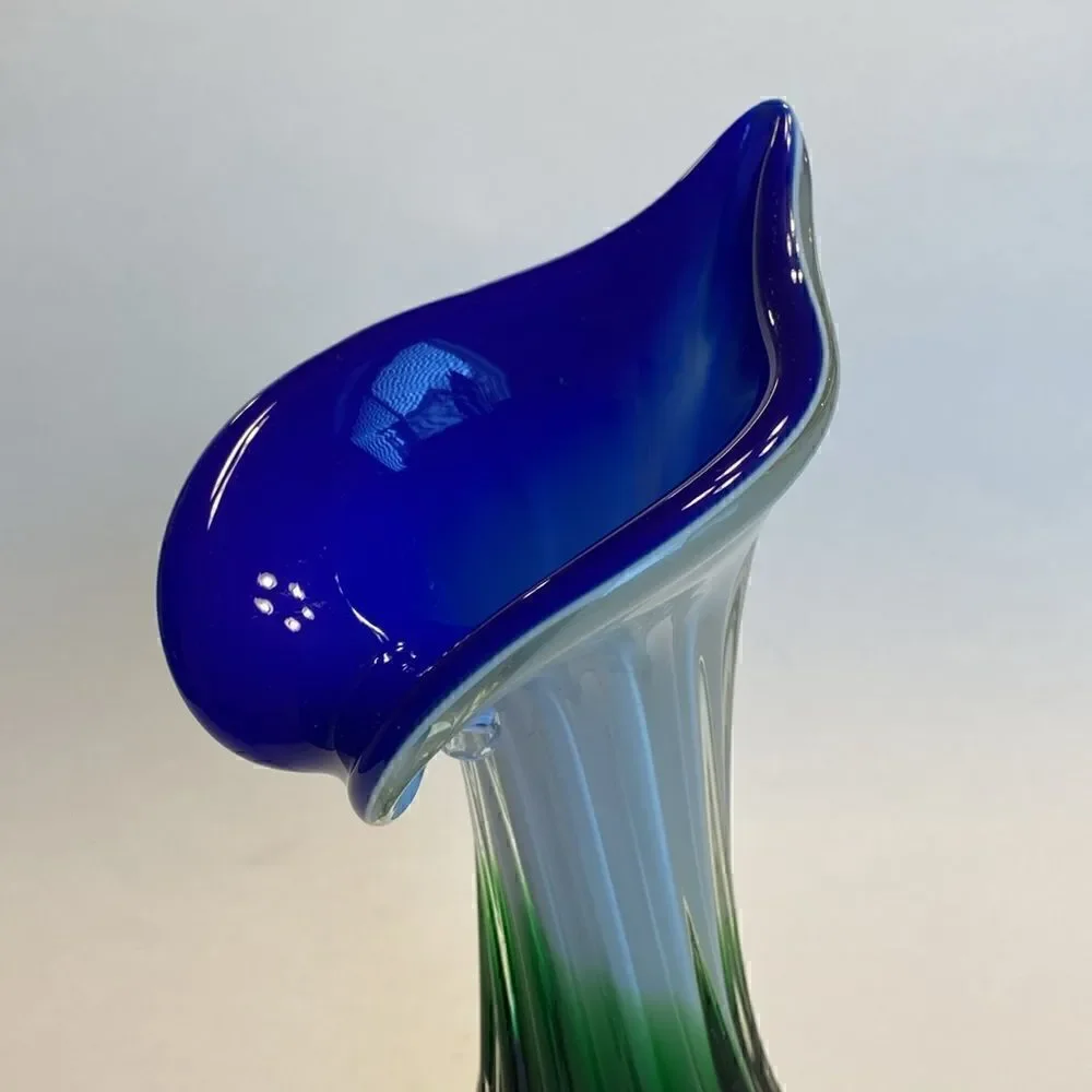 Hand Blown Art Glass Swirled Vase 8” Blue White Green